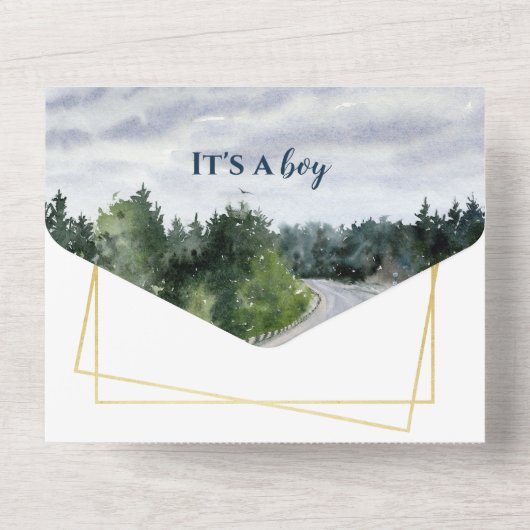 のインスパイア水彩風景ボーイベビーシャワー オールインワン招待状 (裏面)