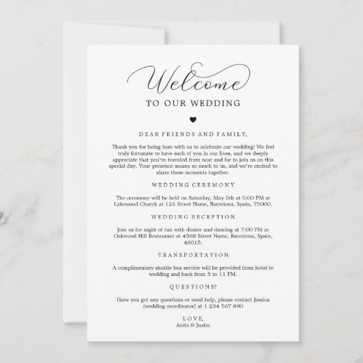 のウェルカムノート結婚の旅程アイコンのタイムラインカード 招待状 (正面)