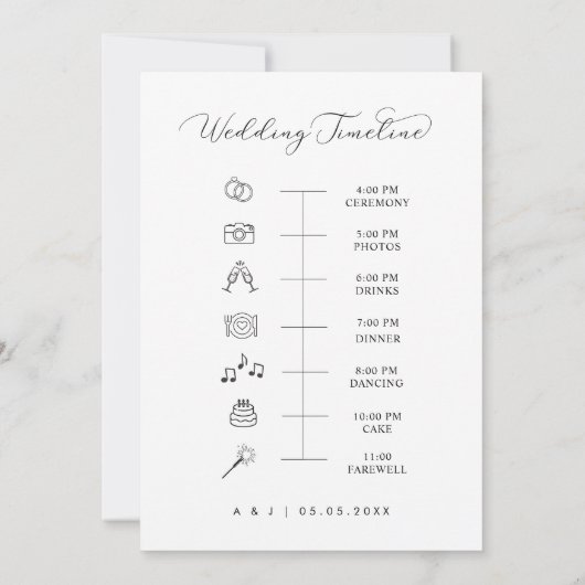 のウェルカムノート結婚の旅程アイコンのタイムラインカード 招待状 (裏面)