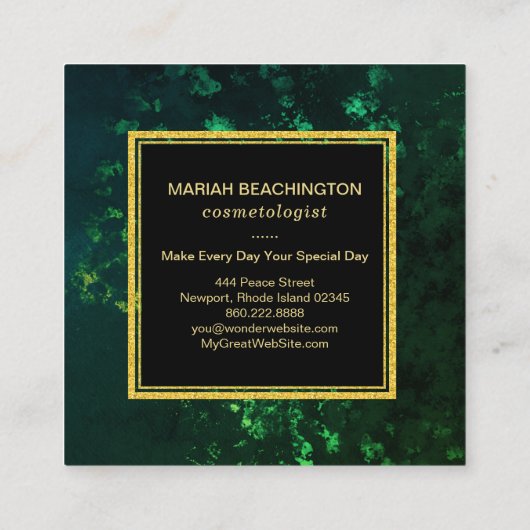 *~*のエメラルドグリーンの抽象芸術の黒 スクエア名刺 (裏面)
