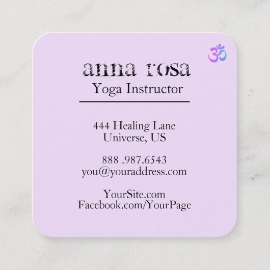 *~*のエレガントでモダンなヨガのインストラクターのオウムOmの記号 スクエア名刺 (裏面)