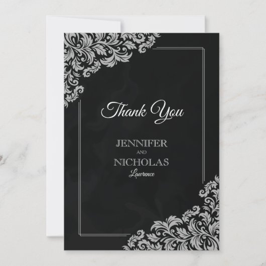 のエレガントフローラクラシックオーナメントを使用した結婚 サンキューカード (正面)