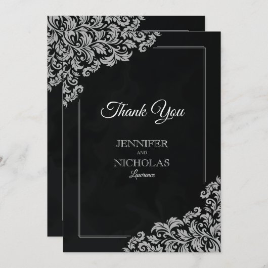 のエレガントフローラクラシックオーナメントを使用した結婚 サンキューカード (正面/裏面)