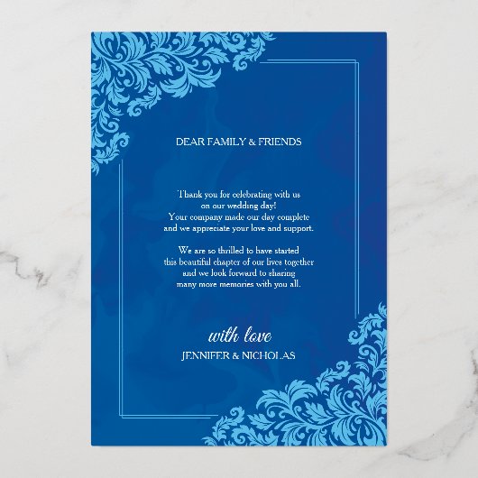 のエレガントフローラクラシックオーナメントを使用した結婚 箔招待状 (裏面)