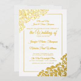 のエレガントフローラクラシックオーナメントを使用した結婚 箔招待状