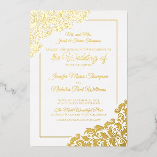 のエレガントフローラクラシックオーナメントを使用した結婚 箔招待状 (正面)