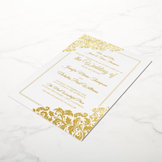 のエレガントフローラクラシックオーナメントを使用した結婚 箔招待状 (回転した状態)