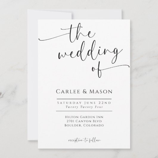 のエレガント文字を白黒に結婚する 招待状 (正面)