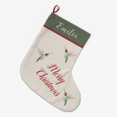 のカスタムルビーの喉の付いたハチドリ ラージクリスマスストッキング (正面 (吊り時))