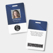 のカスタム社員写真ロゴバーコード名ID青 バッジ (正面＆裏面)