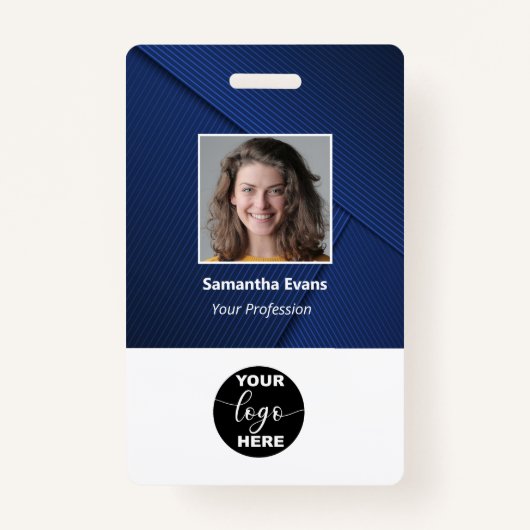 のカスタム社員写真ロゴバーコード名ID青 バッジ (正面)