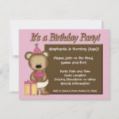 のカスタム誕生日パーティー、ピンクベア·カップケーキ 招待状 (正面)