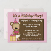 のカスタム誕生日パーティー、ピンクベア·カップケーキ 招待状 (正面/裏面)