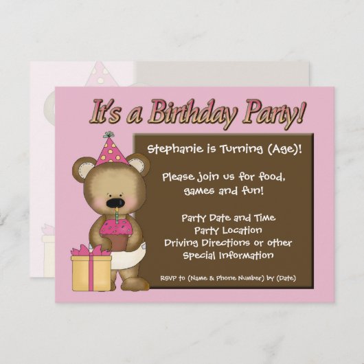 のカスタム誕生日パーティー、ピンクベア·カップケーキ 招待状 (正面/裏面)