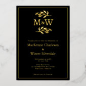 のカップル結婚モノグラムイニシャルブラック金ゴールド 箔招待状 (正面)