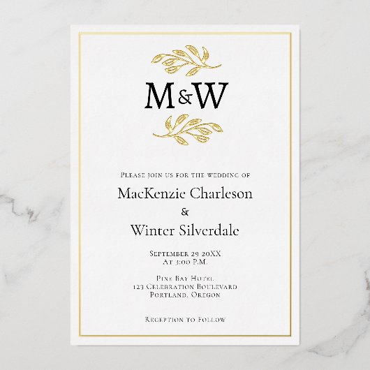 のカップル結婚モノグラムイニシャルミニマリスト 箔招待状 (正面)