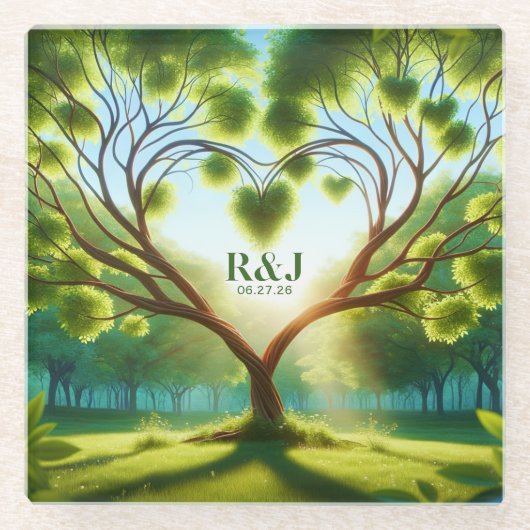 のカップル結婚モノグラムグリーン ガラスコースター (正面)