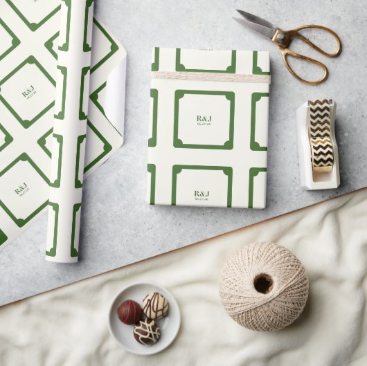 のカップル結婚モノグラムグリーン ラッピングペーパー (クラフト)