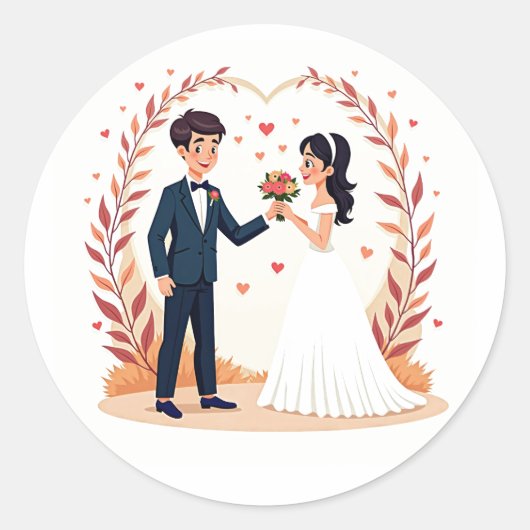 のカップル結婚保持ハートステッカー ラウンドシール (正面)