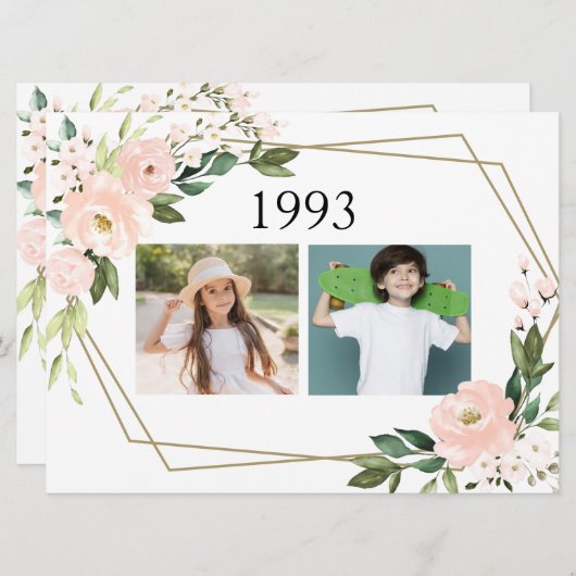 のカップル結婚小児写真ピンク赤面フローラ 招待状 (正面/裏面)