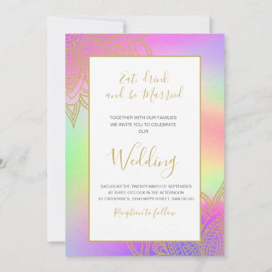 のカラフル結婚金ゴールドアクセントモダン 招待状 (裏面)