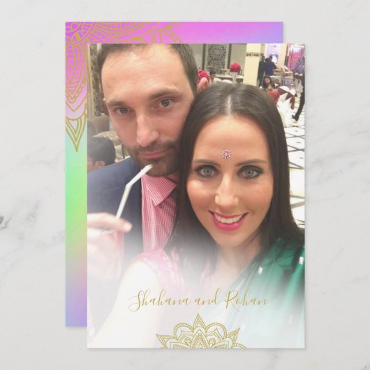 のカラフル結婚金ゴールドアクセントモダン 招待状 (正面/裏面)