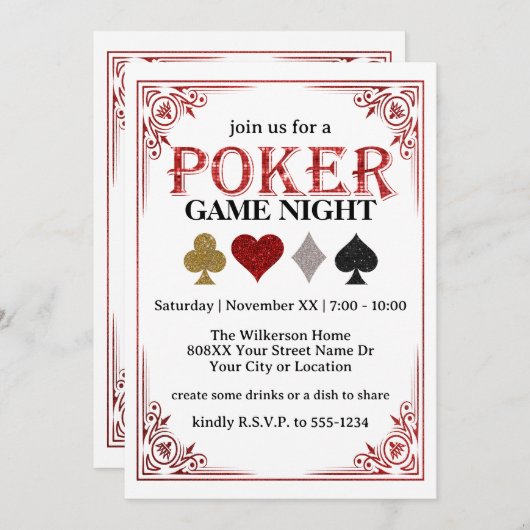 のカー遊ドゲームナイトトランプのポーカーパーティー 招待状 (正面/裏面)