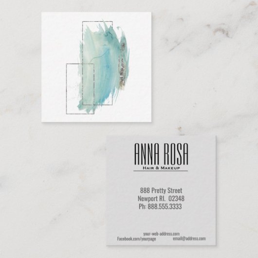 *~*のガーリーで幾何学的なターコイズ及び銀の水彩画 スクエア名刺 (正面/裏面)