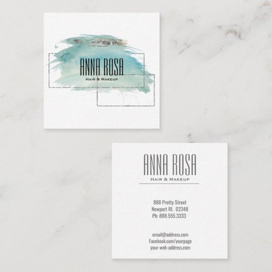 *~*のガーリーな幾何学的な銀製のターコイズの水彩画 スクエア名刺 (正面/裏面)