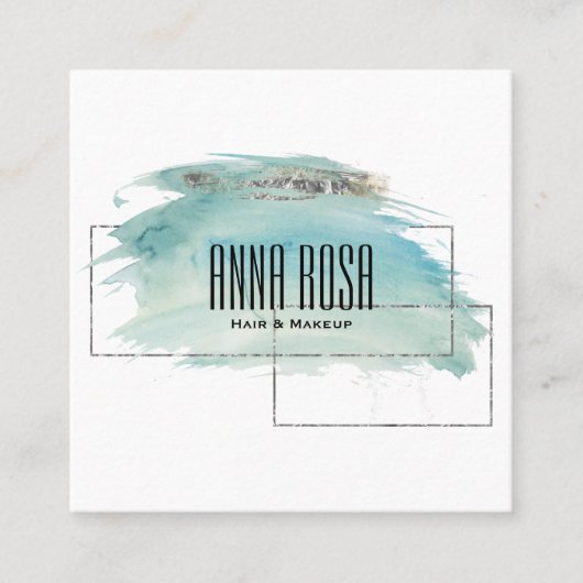 *~*のガーリーな幾何学的な銀製のターコイズの水彩画 スクエア名刺 (正面)
