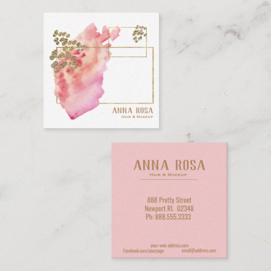 *~*のガーリーな金ゴールドの幾何学的なモモのピンク及び水彩画 スクエア名刺 (正面/裏面)