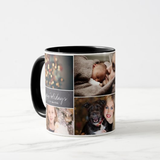 のクリスマス、コラージュパーソナライズ6つの写真、チョーク マグカップ (正面左)
