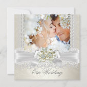 のクリーム結婚ホワイトパールレースダマスクダイヤモンドピック 招待状 (正面)