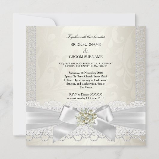 のクリーム結婚ホワイトパールレースダマスクダイヤモンド 招待状 (裏面)