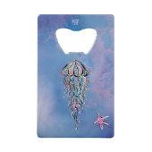 *~*のグリッターのクラゲの星の魚の青の水彩画 クレジットカード栓抜き (正面)