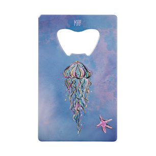 *~*のグリッターのクラゲの星の魚の青の水彩画 クレジットカード栓抜き