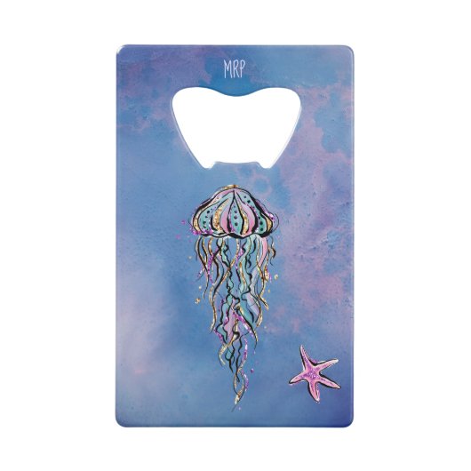 *~*のグリッターのクラゲの星の魚の青の水彩画 クレジットカード栓抜き (正面)