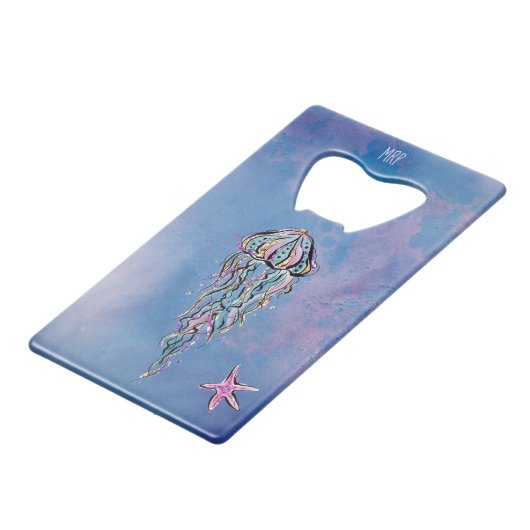 *~*のグリッターのクラゲの星の魚の青の水彩画 クレジットカード栓抜き (正面アングル)