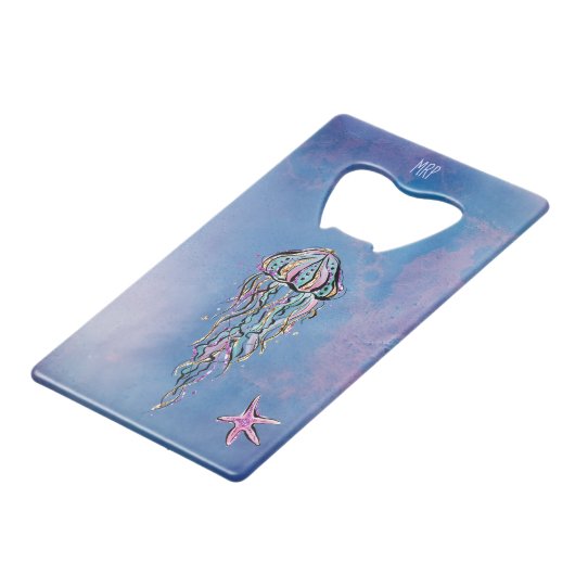 *~*のグリッターのクラゲの星の魚の青の水彩画 クレジットカード栓抜き (裏面アングル)