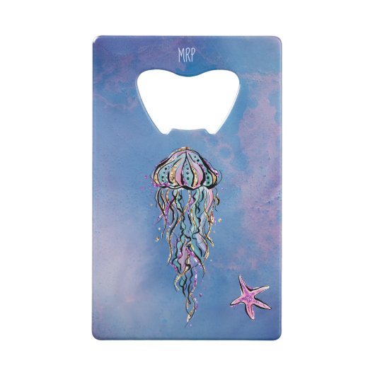 *~*のグリッターのクラゲの星の魚の青の水彩画 クレジットカード栓抜き (裏面)