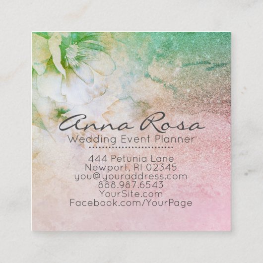 *~*のグリッターの天の花の水彩画のターコイズ スクエア名刺 (裏面)