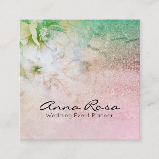*~*のグリッターの天の花の水彩画のターコイズ スクエア名刺 (正面)