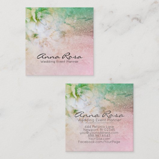 *~*のグリッターの天の花の水彩画のターコイズ スクエア名刺 (正面/裏面)