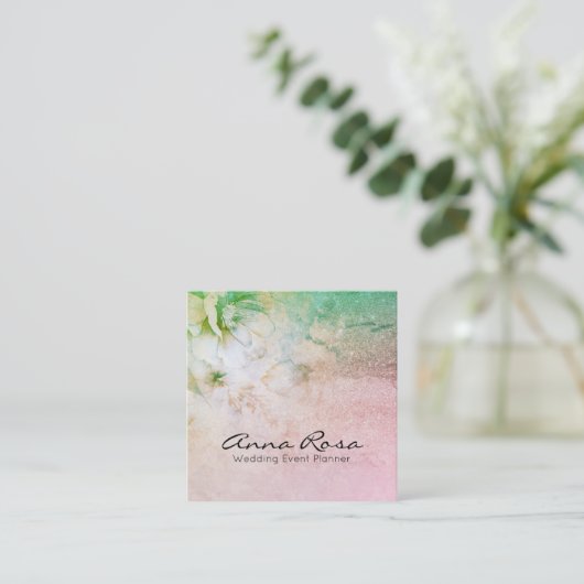 *~*のグリッターの天の花の水彩画のターコイズ スクエア名刺 (スタンド正面)