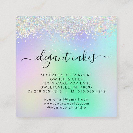 のケーキ結婚ーホログラフィックグリッターベーカリー スクエア名刺 (裏面)