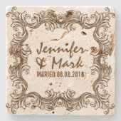 のコースター結婚ベージュブラウンヴィンテージフローラフレーム ストーンコースター (正面)