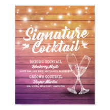 のシグニチャー結婚ドリンクメニューシャンパングラスウッド