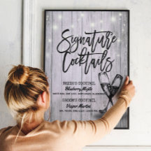 のシグニチャー結婚ドリンクメニューシャンパングラスウッド