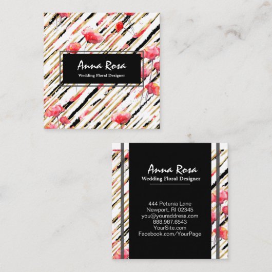 *~*のシックで白く黒い花の赤いケシのグリッターホイル スクエア名刺 (正面/裏面)