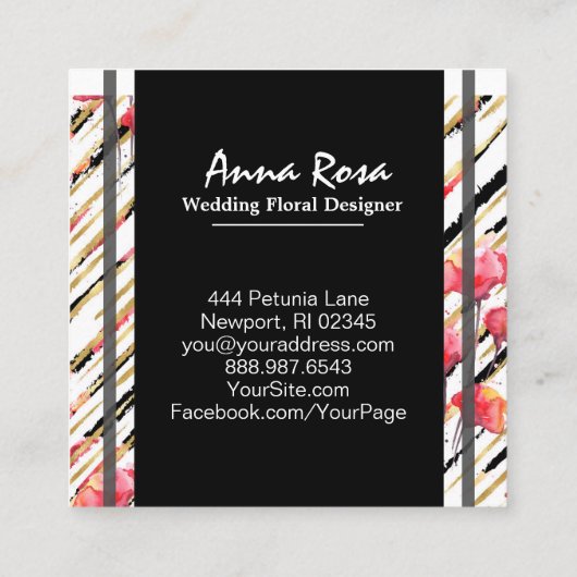 *~*のシックで白く黒い花の赤いケシのグリッターホイル スクエア名刺 (裏面)